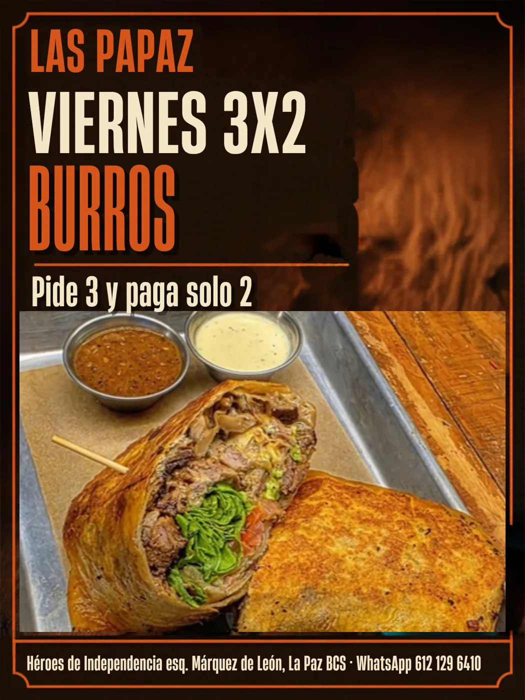 Flyer promoción viernes 3x2 en burros